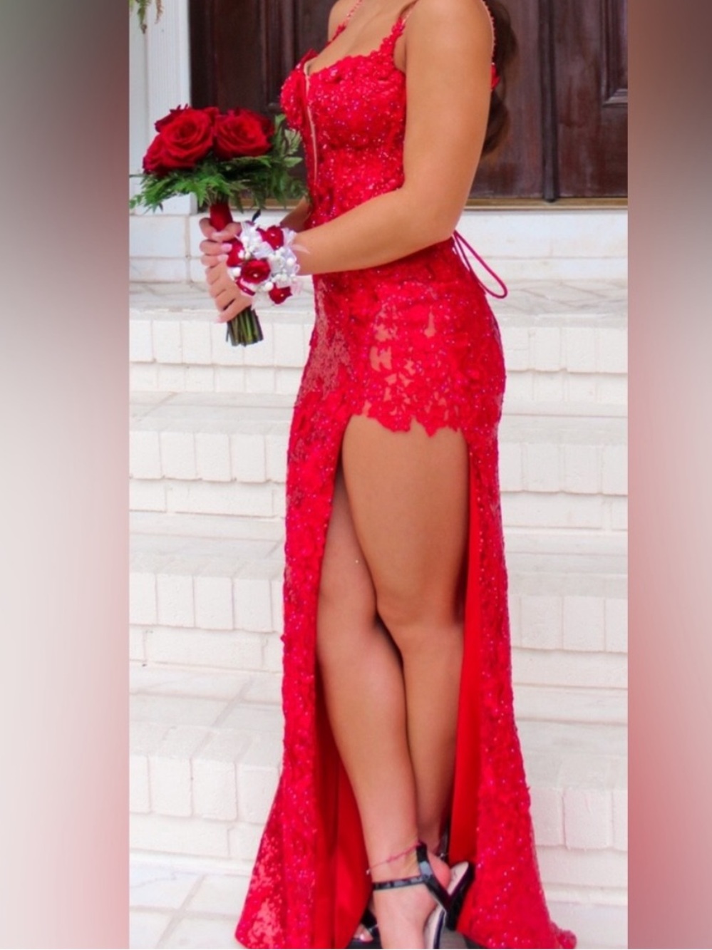 Sherri Hill Red Sequin Lace Evening Gown with High Slit